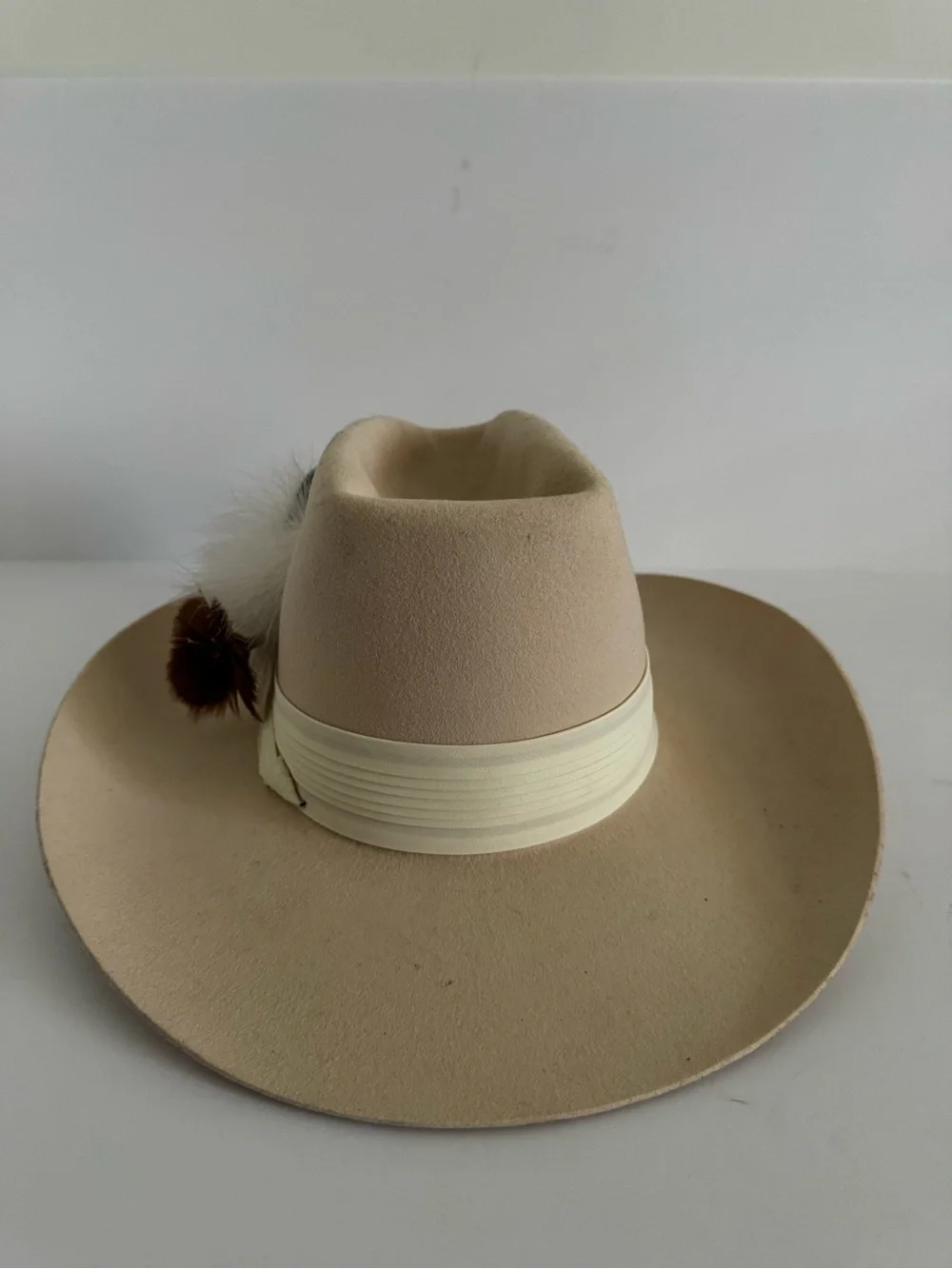 Cream‎ Wide-Brim Fedora Hat with Feather Accent
